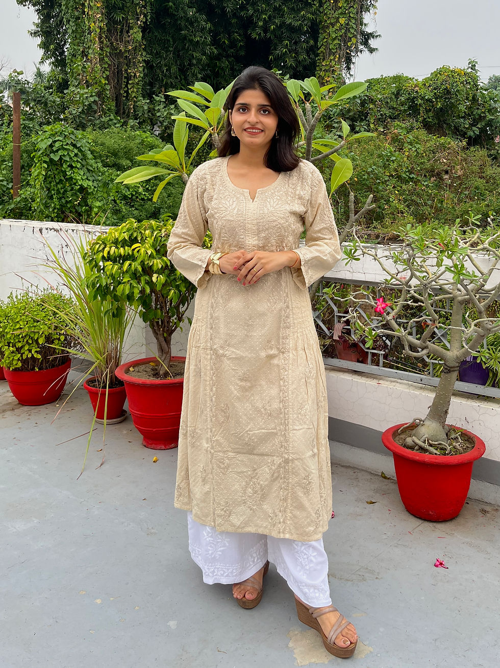 Thumbnail: Coffee Beige Cotton Dobby Chikankari Kurta – Front View