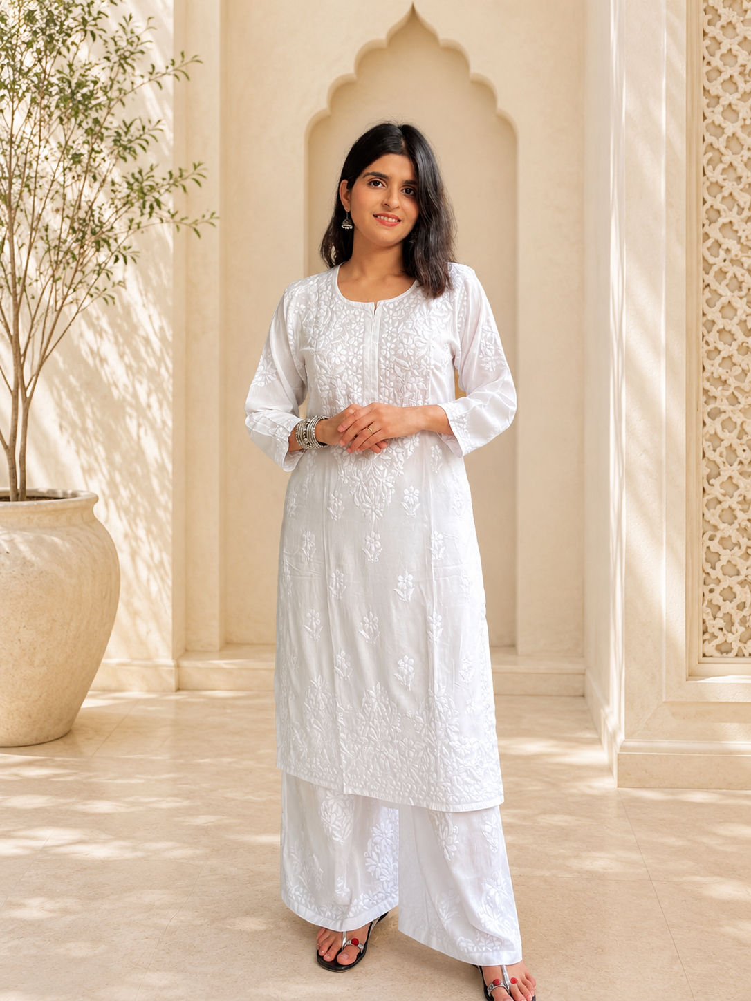 White modal chikankari kurta palazzo set hand embroidered lucknow artisan