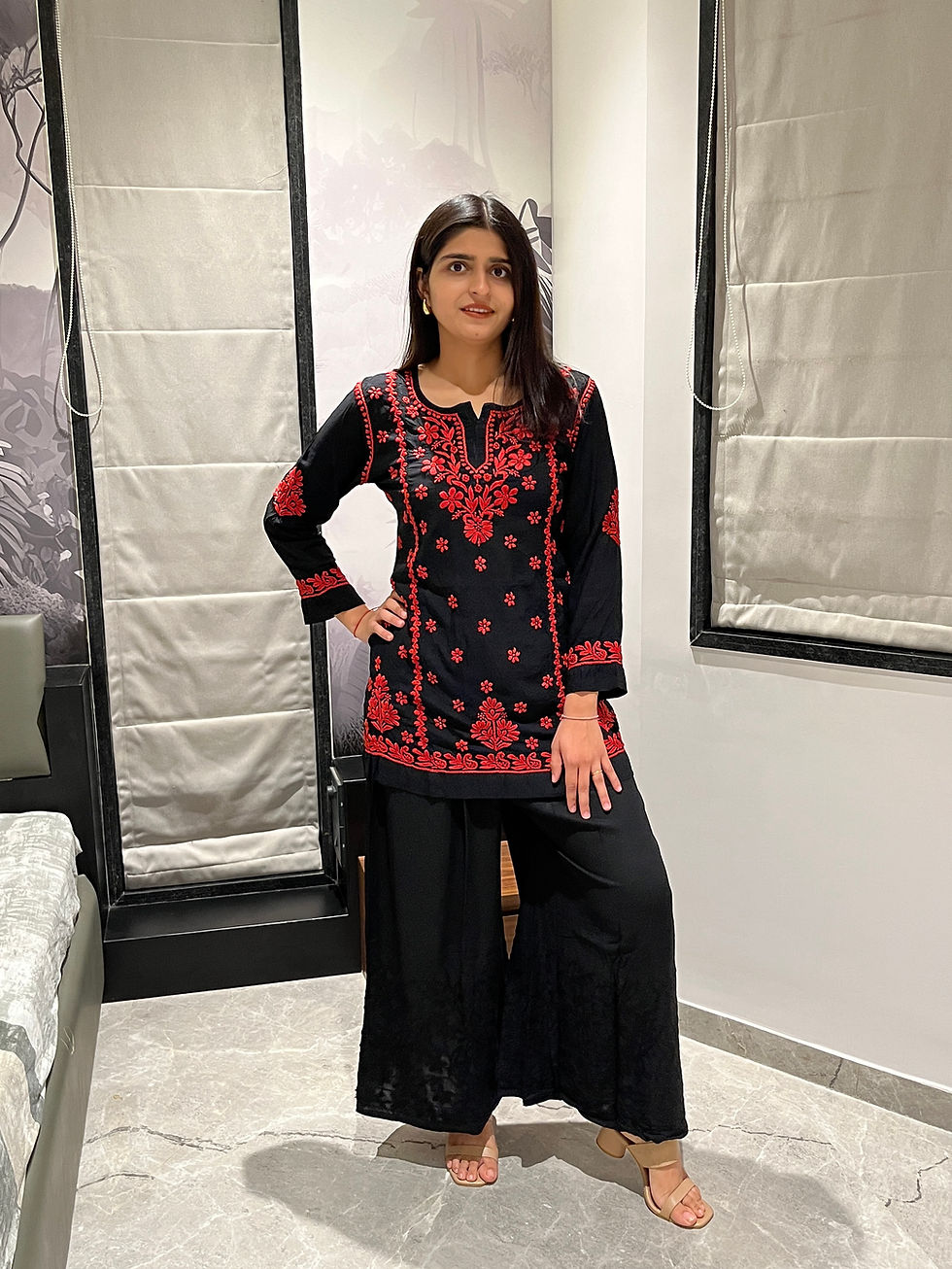 Thumbnail: black and red modal chikankari short kurti – back view close-up