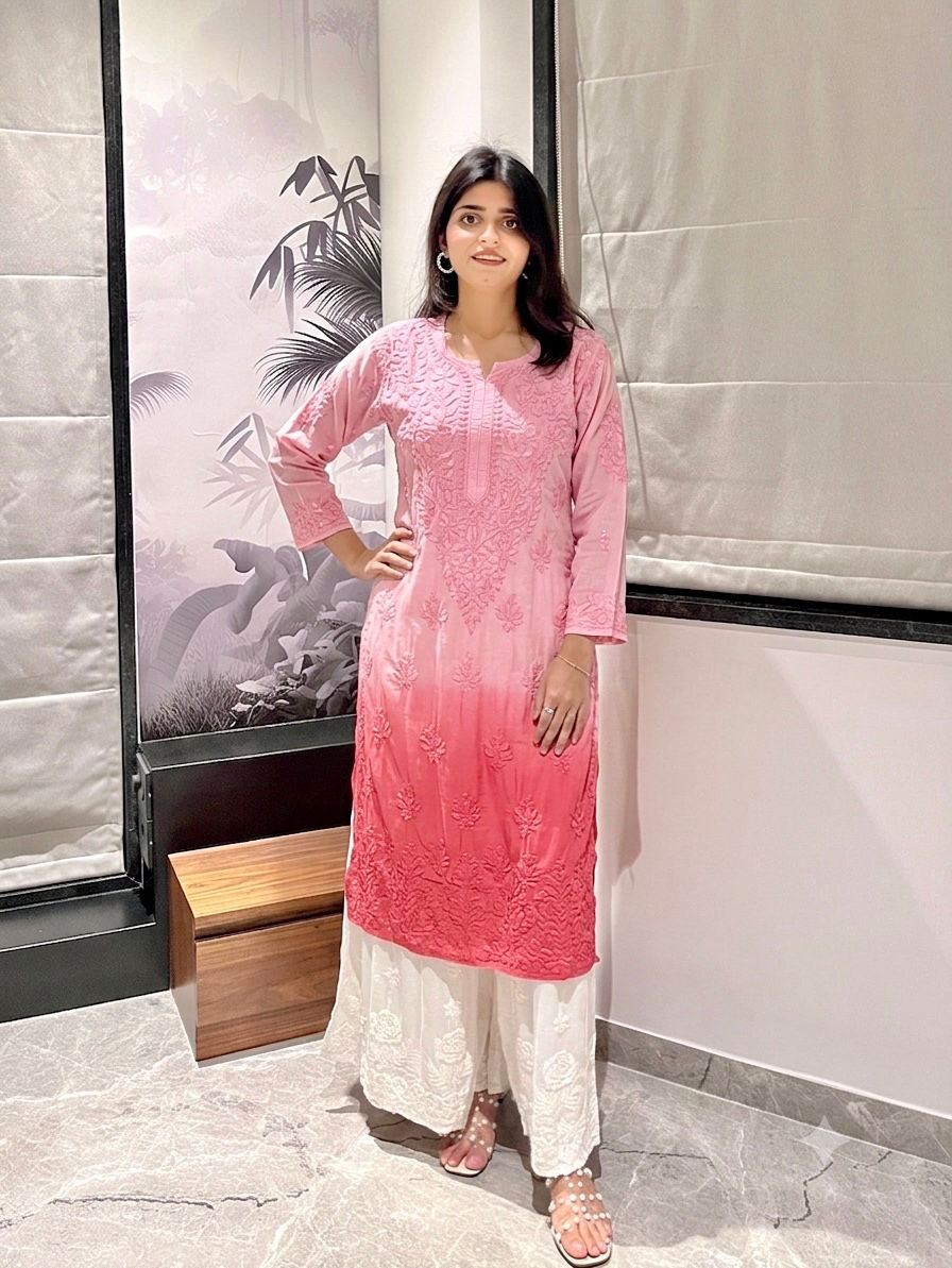 Peachy Pink Ombre Modal Chikankari Kurta - front view full length, model wearing with white palazzo