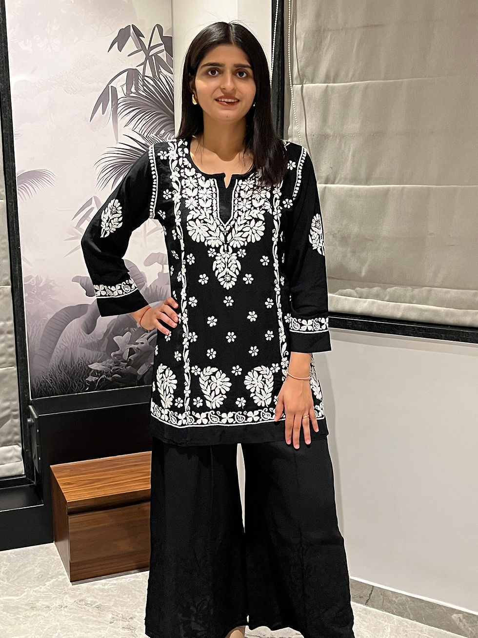 Style your black and white chikankari kurti with palazzos