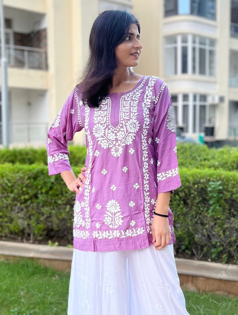 Thumbnail: Lilac modal chikankari short kurti with white embroidery – outdoor front view