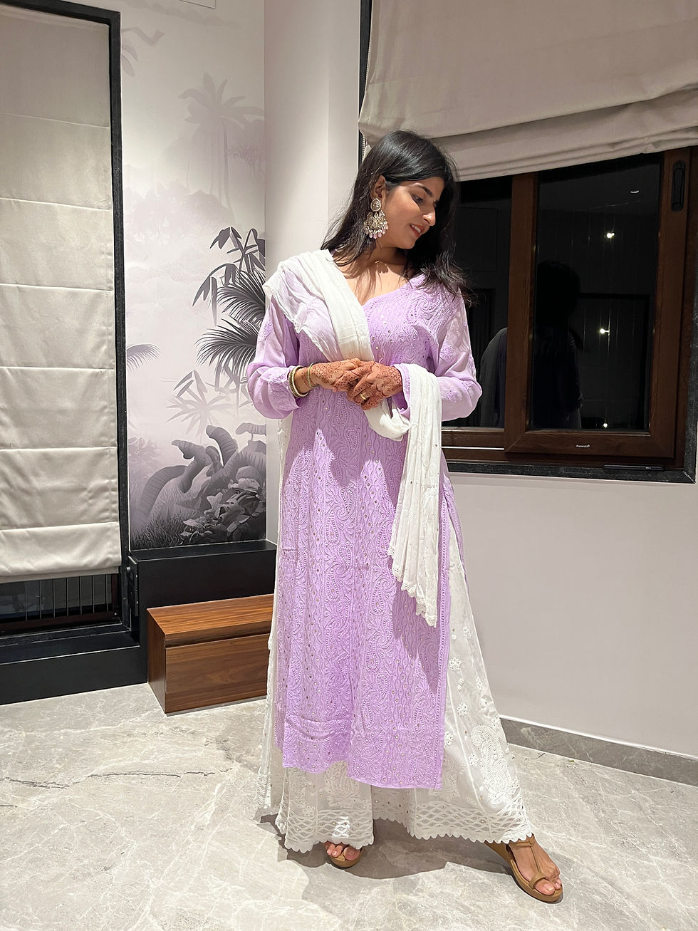 Thumbnail: Classic White Viscose Mukaish Kalidar Chikankai Palazzo