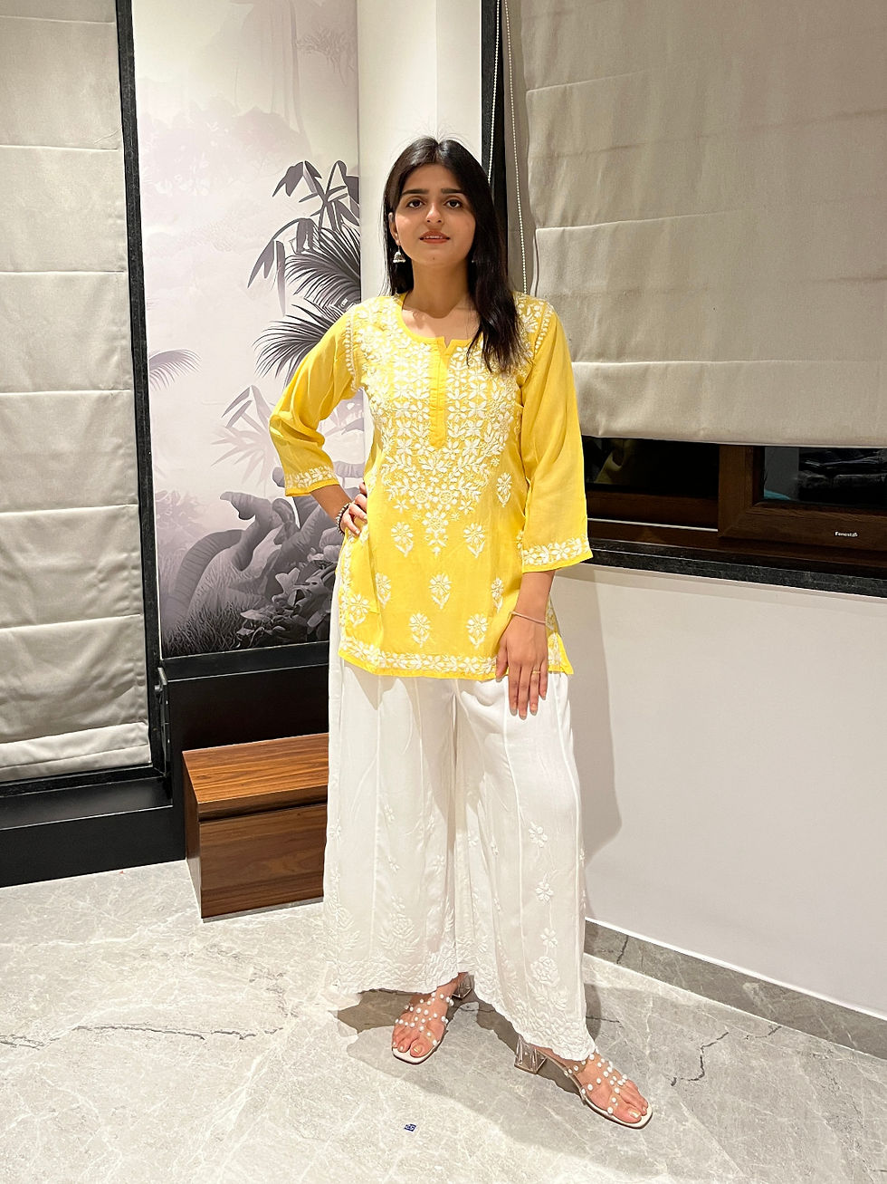 Thumbnail: Yellow modal chikankari short kurti – full length front view