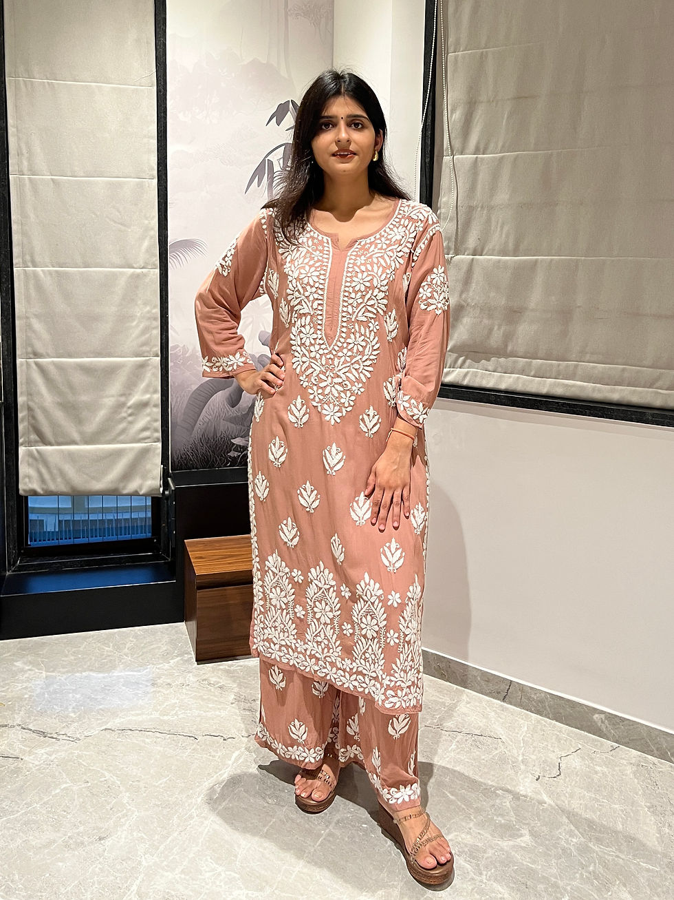 Onion Pink Modal Chikankari Kurta Palazzo Set – Front View