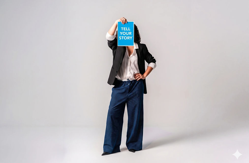 Woman holding a paper saying Tell Your Story