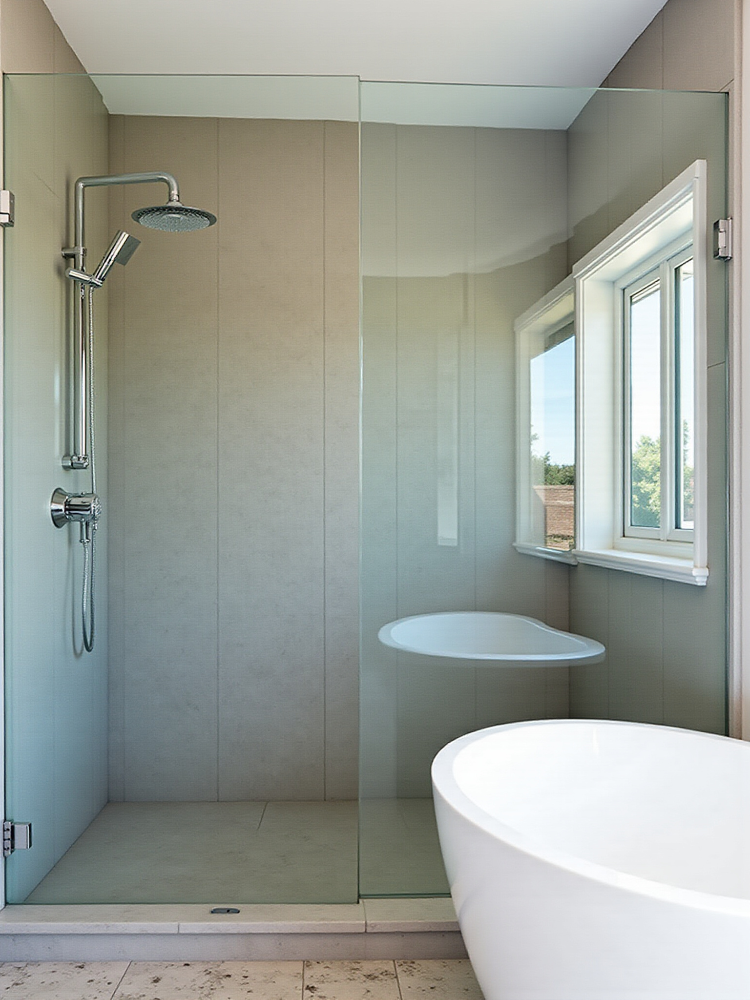 Modern glass walk-in shower with rain showerhead