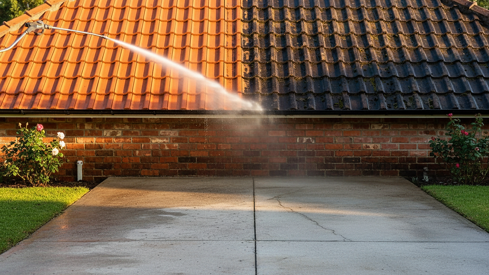 Close-up view of roof tiles being cleaned with low-pressure water