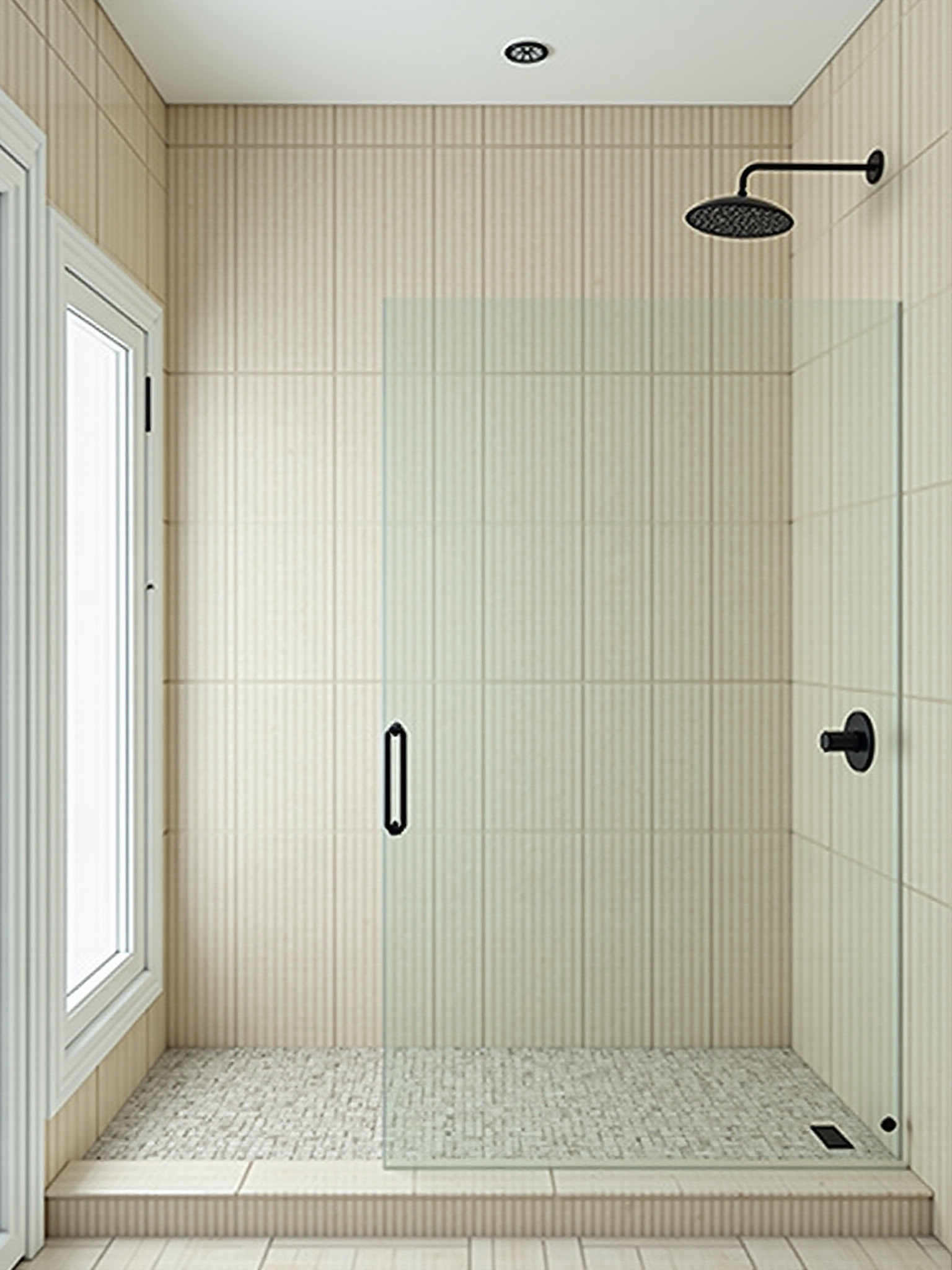 Modern walk-in shower with glass door and black hardware.
