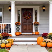 front door of house decorated with pumpkins