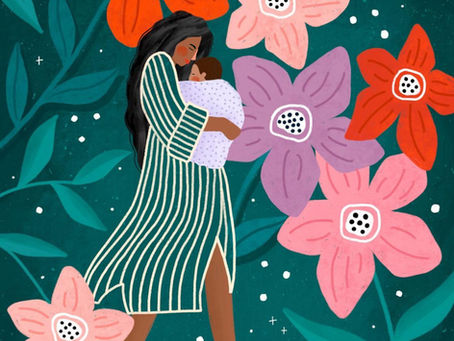 Beautiful colourful artwork, titled "Mum and baby in floral garden", by Bea Muller