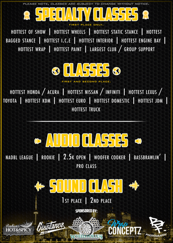 Graphic Design Services by Blake Ferguson demonstrates an Infographic displaying the Award Classes of Radica’s Hot & Spicy 3rd Annual Car Show with 6ixStance in Mississauga, Ontario, Canada.
