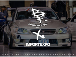 An automotive photograph of a Lexus IS300 with a Graphic Design overlay featuring the photographer and ImportExpo 2017