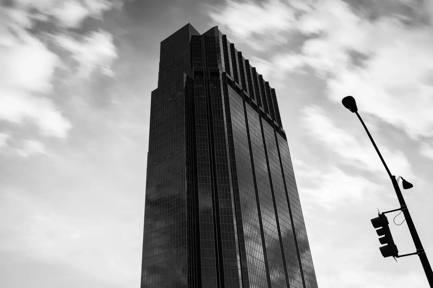 Monochrome Slow-Shutter of One Dundas Place in Downtown London, Ontario, Canada, captured by the Fine-Art Photography of Blake Ferguson.