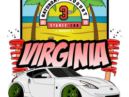 An Event Infographic that reads "STANCE-CON 2019" focusing on the venue of Virginia Beach, illustrated with a Cartoon Nissan 370z and Coilovers