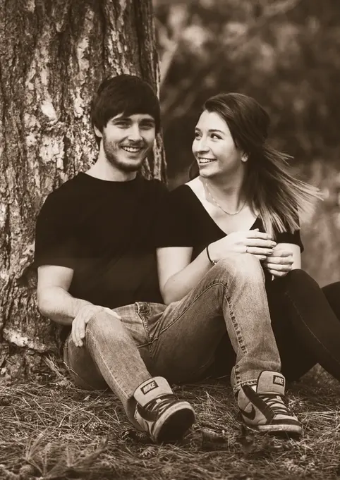 Couples & Engagement Photography by Blake Ferguson depicts a Happy Couple outside the St Peter’s Seminary, London, Ontario, in Monochrome.