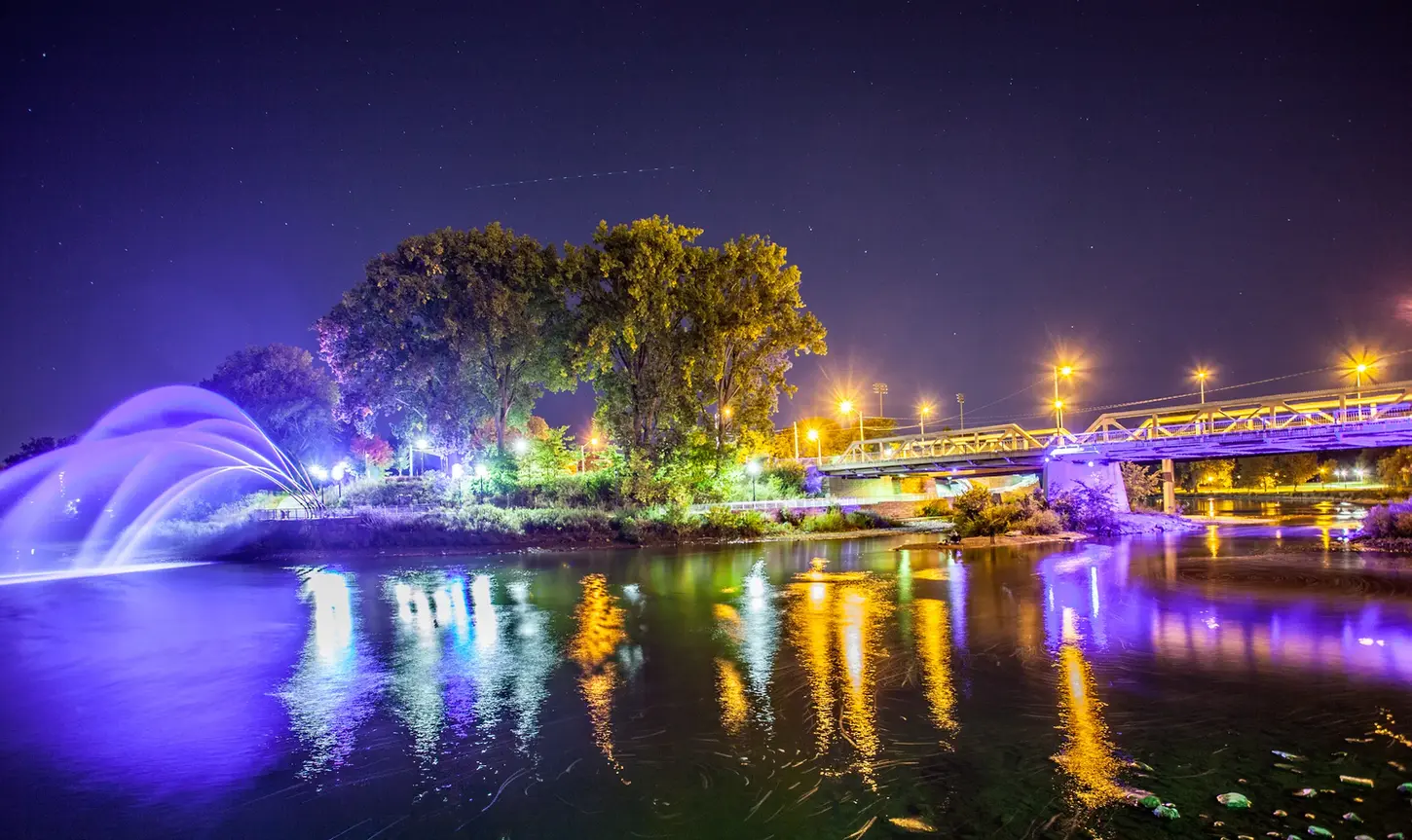 Night & Cityscape Fine-Art Photography by Blake Ferguson depicts Night Lights & Fountain of Thames River, London, Ontario, Canada.