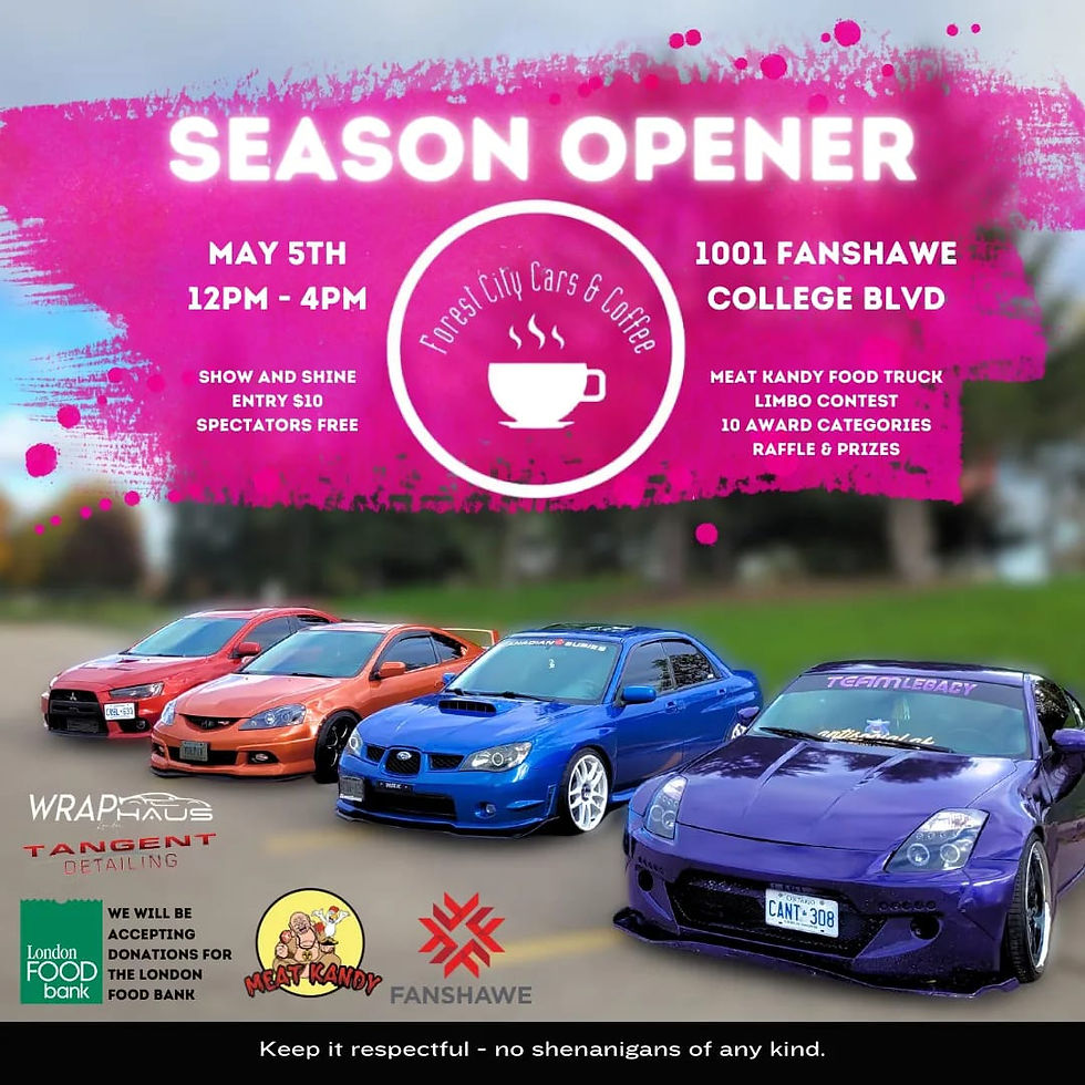 The Graphic Design Announcement for Forest City Cars and Coffee Car Show Gathering Hosted at Fanshawe College, London, Ontario, Canada on 05/05/2024.