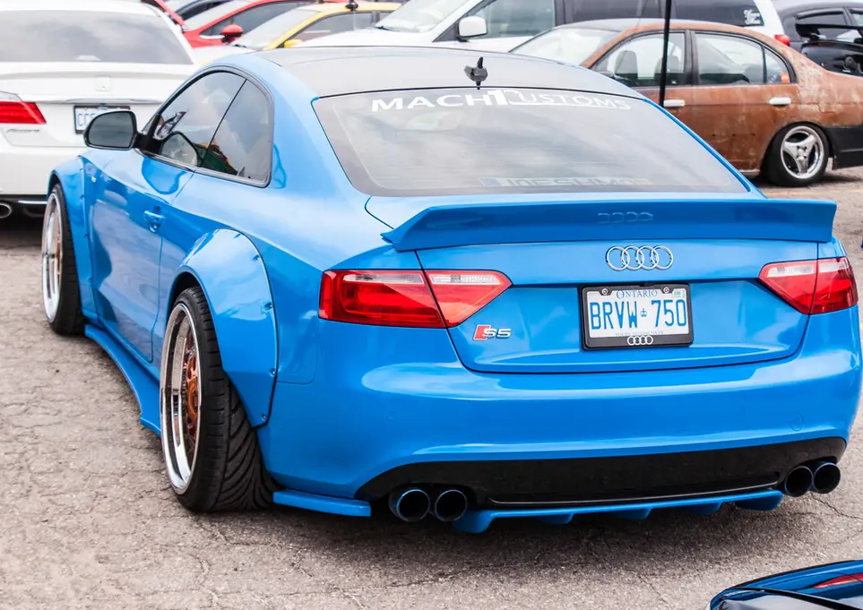 Blue modified Audi RS5 rear view, widebody, MACHO, BRW 756.