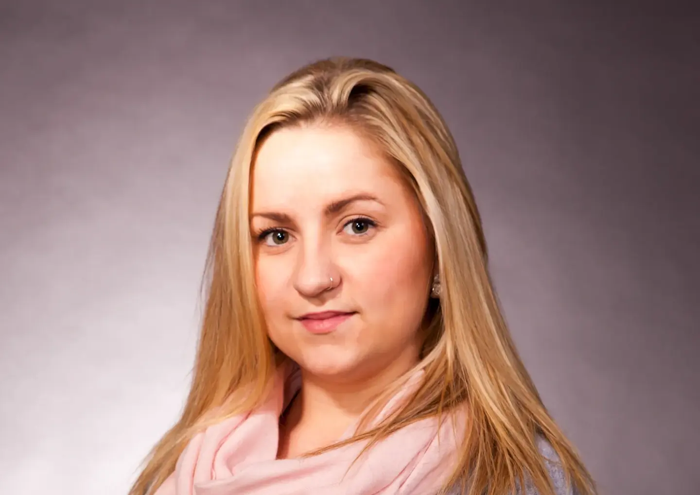 Traditional Portraits by Blake Ferguson Photography depicts a head and shoulders Image of a Female Model Wearing a Pink Scarf captured in the Studio. (1) Traditional Portraits by Blake Ferguson Photography depicts a head and shoulders Image of a Female Model Wearing a Pink Scarf captured in the Studio. (1)