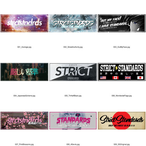 Nine distinct "Strict Standards" and "Standards" logo designs displayed.