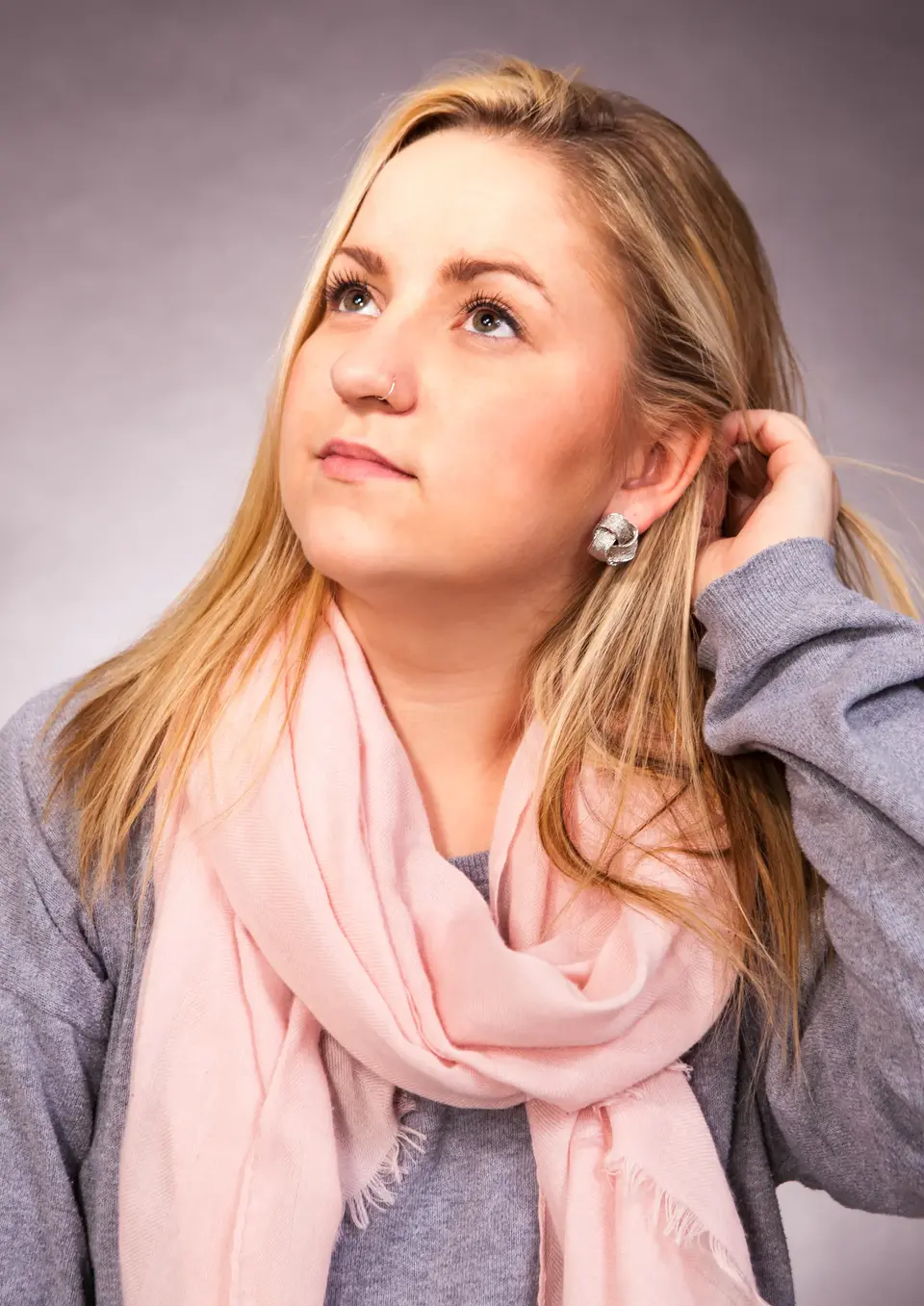 Traditional Portraits by Blake Ferguson Photography depicts a head and shoulders Image of a Female Model Wearing a Pink Scarf captured in the Studio. (3)