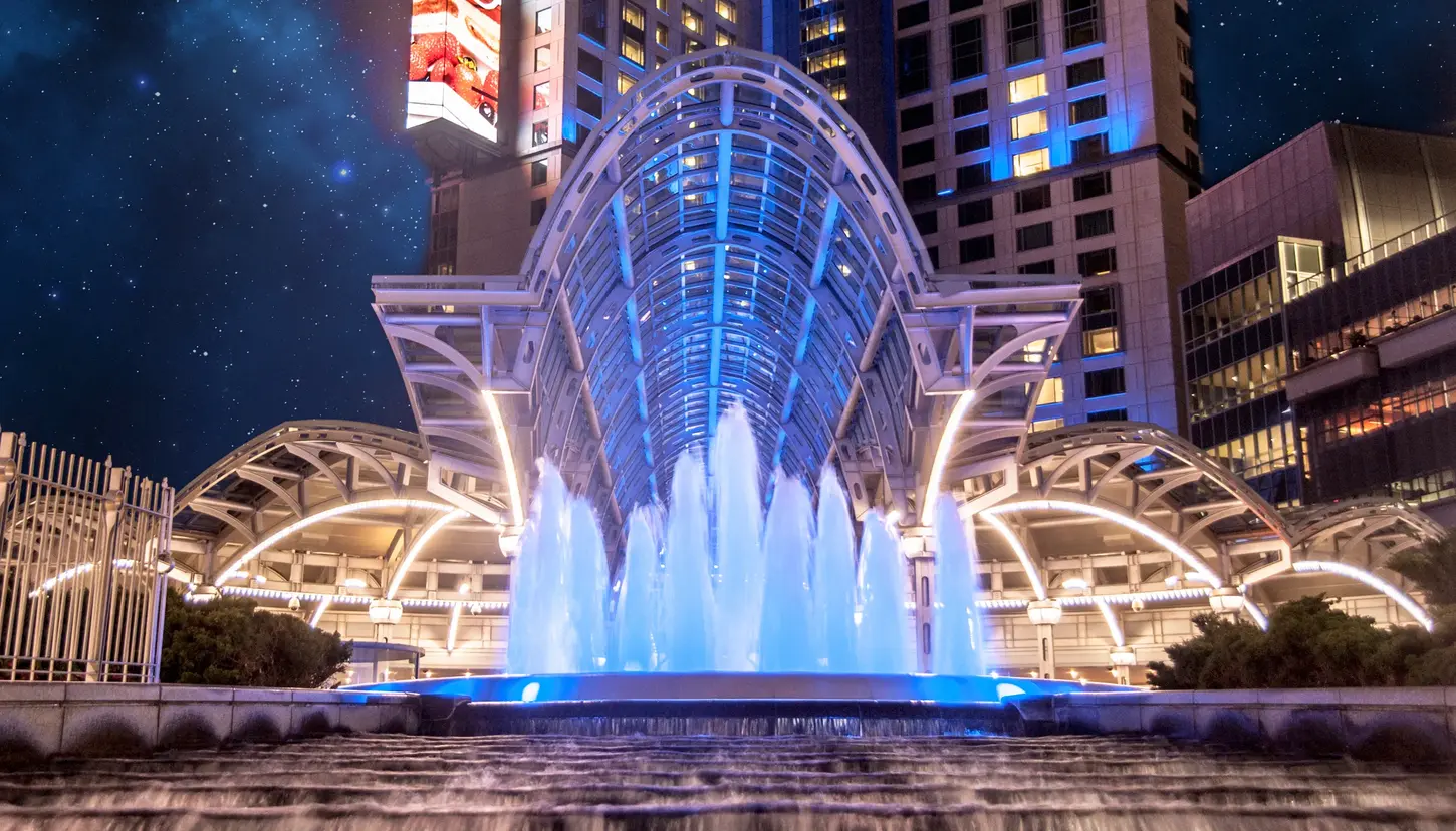 Night & Cityscape Fine-Art Photography by Blake Ferguson depicts the exterior fountains of Fallsview Casino with Leading Symmetry in Niagara Falls, Ontario, Canada.