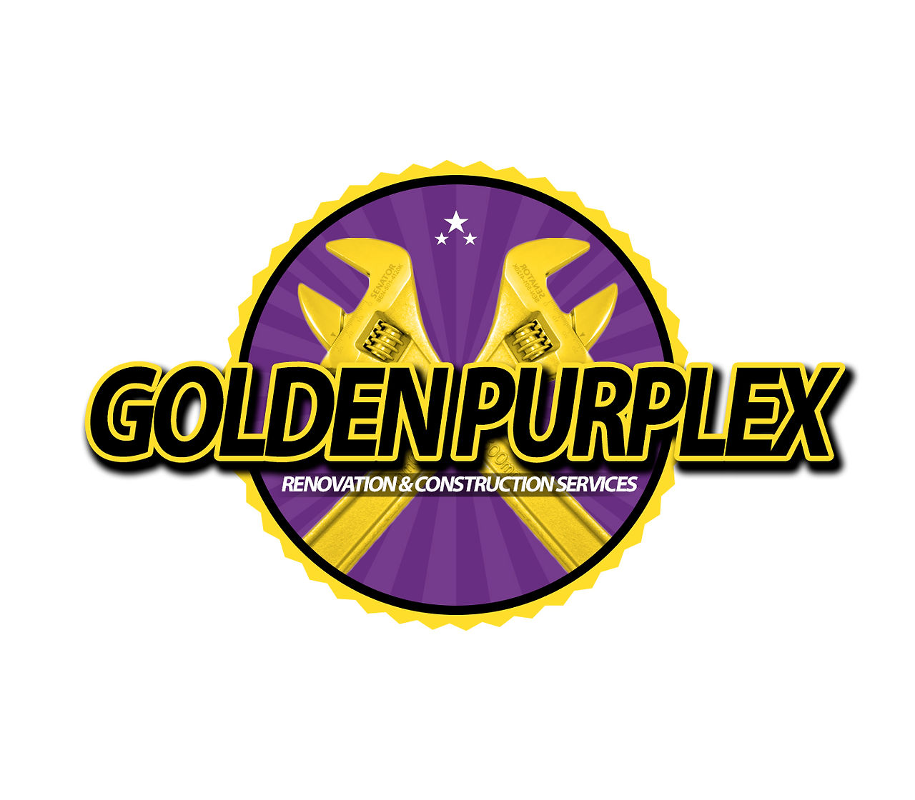 Golden Purplex logo, "RENOVATION & CONSTRUCTION SERVICES", purple, yellow wrenches.