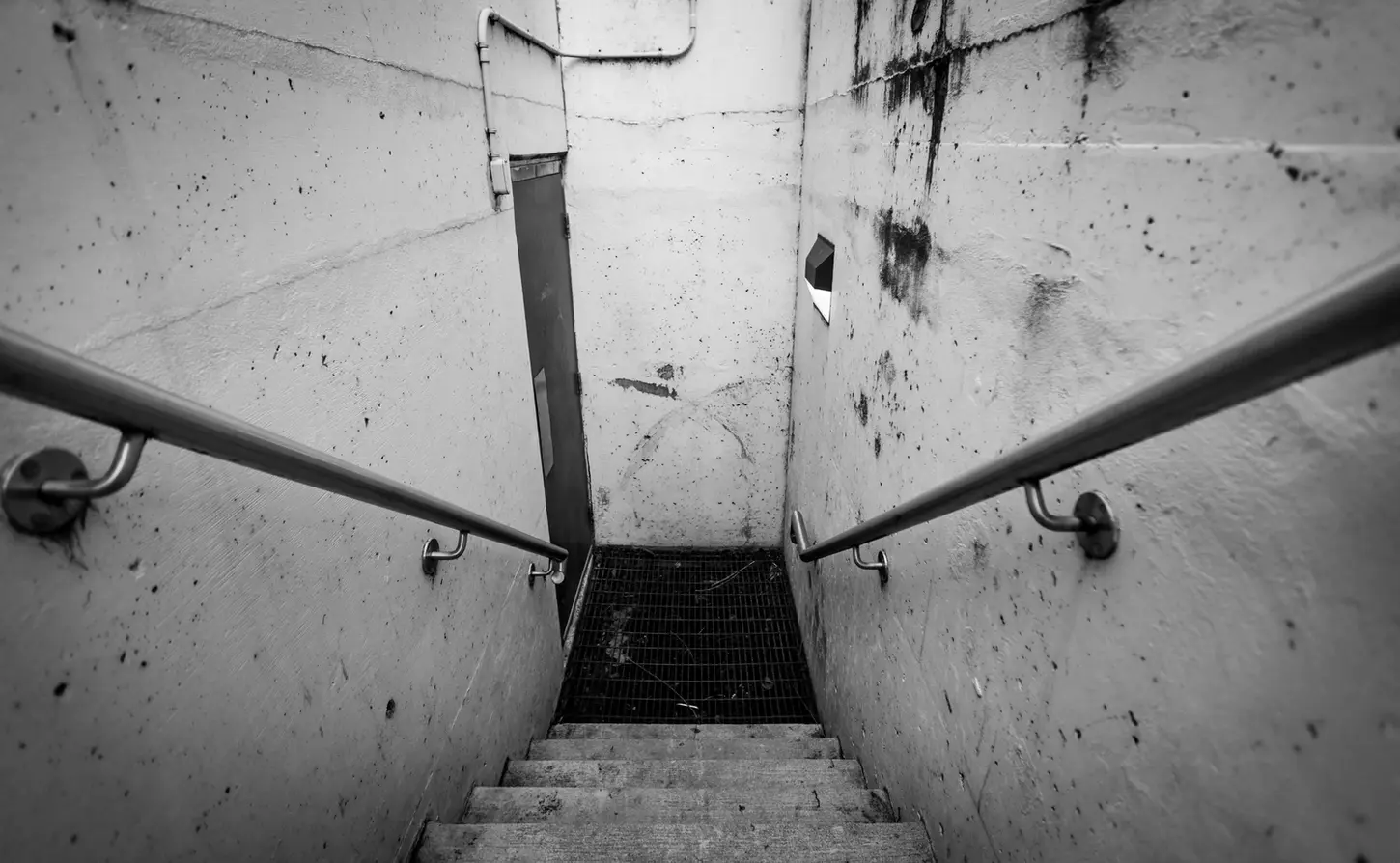 Monochrome Cityscape & Street Fine-Art Photography by Blake Ferguson demonstrate a modern outdoor staircase in London, Ontario, Canada.