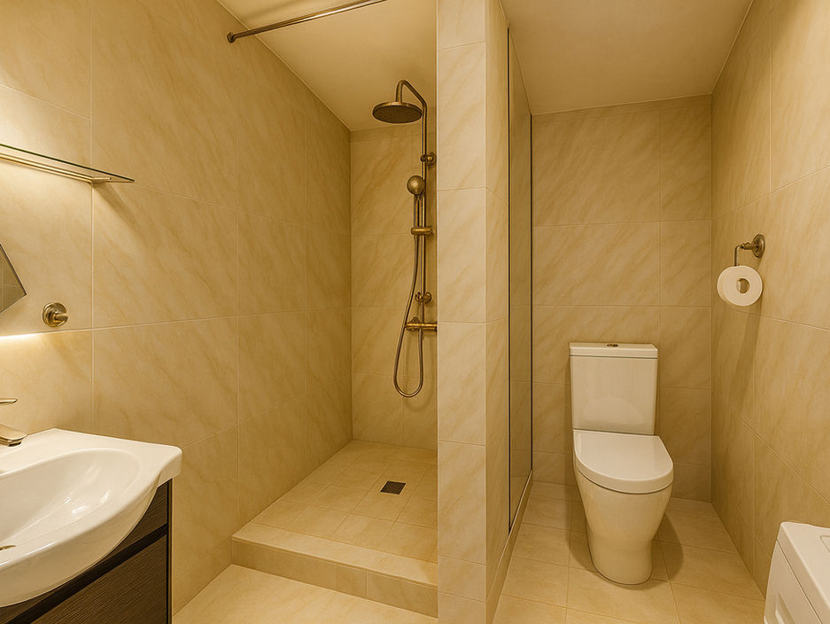 Vizualizace malé koupelny v řadovém domě na prodej. Obec Potštejn.