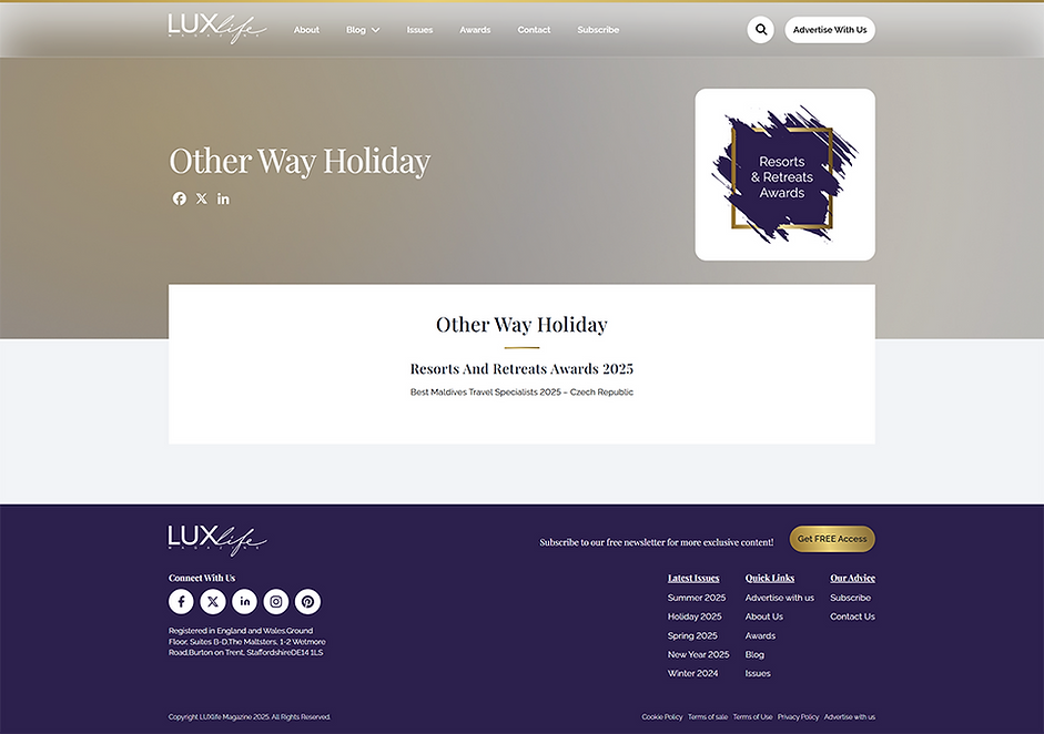 other way holiday - 2025 Winner - Resorts and Retreats Awards - LUXlife Magazine