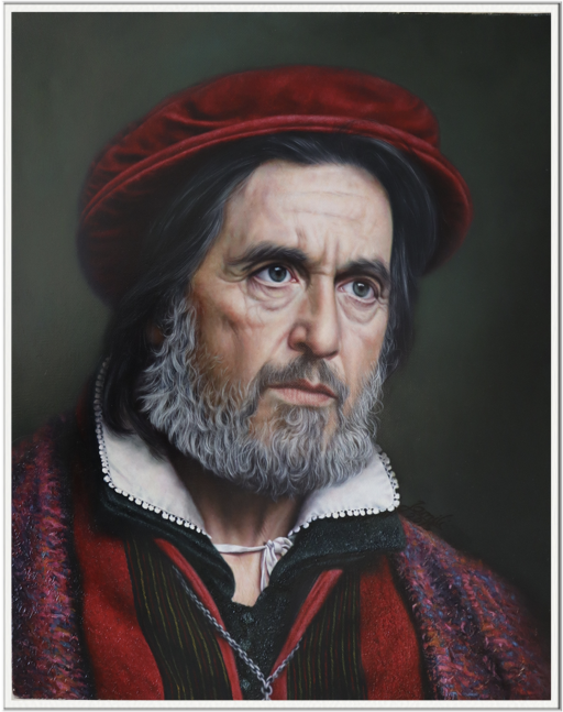 The face of Al Pacino bears a striking resemblance to my grandfather. He lived in a village nestled among the mountains of Iran and Afghanistan, and I often visited that village with my maternal grandfather. My family resided in the city of Kashmar, close to that village. My maternal grandfather was the sole supporter during my childhood. My father harbored animosity towards him and often displayed that animosity towards me. My facial features closely mirrored his, making me my grandfather’s favorite grandchild. In my childhood, he was the only one who wholeheartedly loved me. 
His personality was strong, and he had a passion for writing poetry. He would read his poems to me, tear them apart, and scatter them in a stream. He had a male donkey that, even aware of my grandfather’s affection for me. He refused to let me ride on him, and  would kick me and sometimes pull my hair with his teeth! My grandfather remains alive in my heart, and his jealous donkey still brings a smile to my face. Painting this portrait was more about my grandfather than Al Pacino!