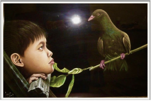 I love children and pigeons. Pastel painting in 2010.
