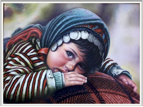 A kurdish girl from Khorasan, Iran. When I had a gallery in Iran, I completed many paintings like this one, and I sold them in my own gallery.