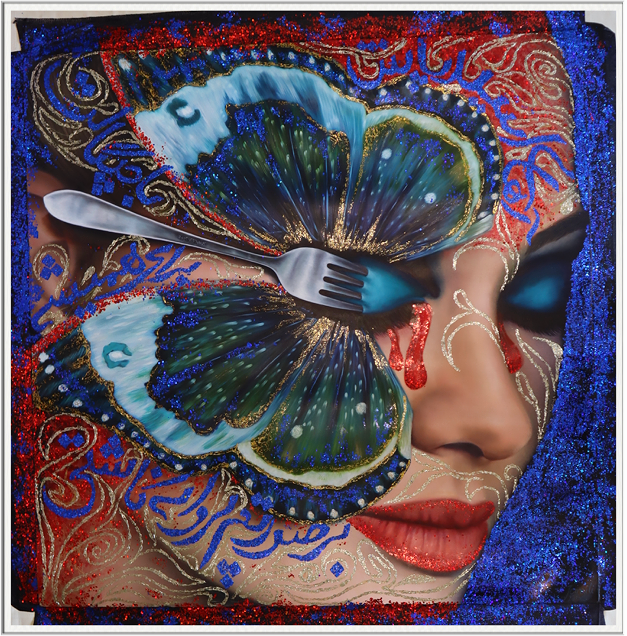 I am still beautiful and dignified despite being wounded by the acid you splashed on my face with your claws.  You etched a butterfly permanently when you marred my face with acid because I do not wear a hijab!
When I heard news about the acid attacks and injuring the girls in Iran in 2014, I couldn’t ignore it. I was a refugee in Turkey, facing a tough and exhausting life at that time. I could feel the pain and despair of the girls whose faces were scarred by acid. I’m not seeking or showcasing violence. But through a simple painting, I just wanted to depict the pain and wounds suffered by the injured girls in my country. With this artistic endeavor, I aimed to convey that the girls of my homeland are beautiful, even if they bear scars on their faces and souls. Every year, numerous acid attack cases occur worldwide, particularly in countries such as Pakistan, Bangladesh, Iran, and others. 
Let's attention and unite to end this violent and cruel act forever.