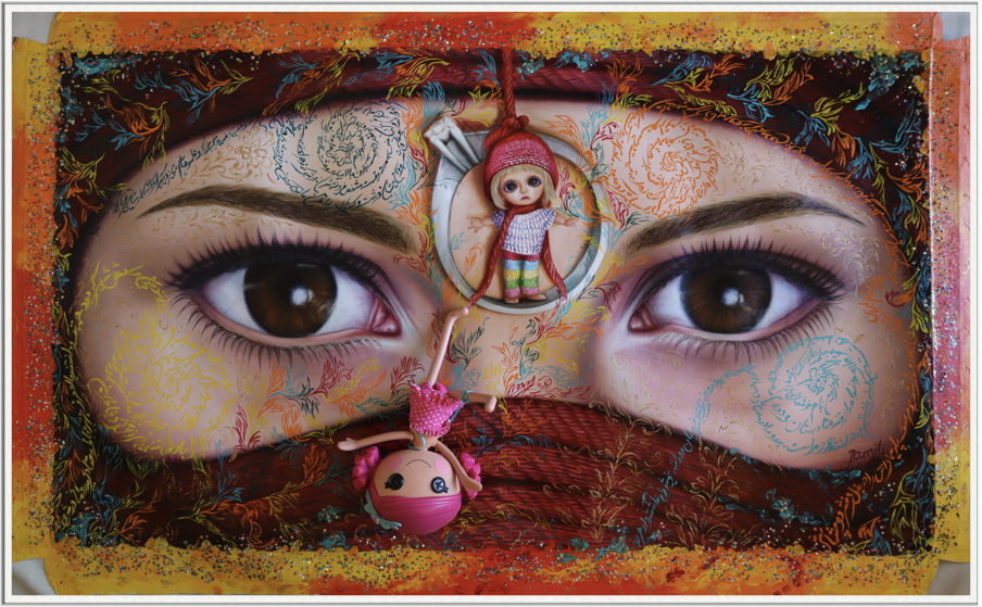 Mom, I am only 12 years old, I don’t want to get married. In the devout town where I grew up, girls were often wed young. My best childhood friend, Zahra, was only nine years old when she got married. I have written her story on this painting of mine.  My mother driven by customs, attempted to force me into marriage through severe beatings over trivial matters nearly my thirteen age. It's been over a decade since I last saw her, yet My love for her remains profound and I love her. The memory of my teenage years in that small religious town brings tears to my eyes, leaving me uncertain if it's the longing for missing my mother's embrace or the hardship of the time that stirs my emotions. 