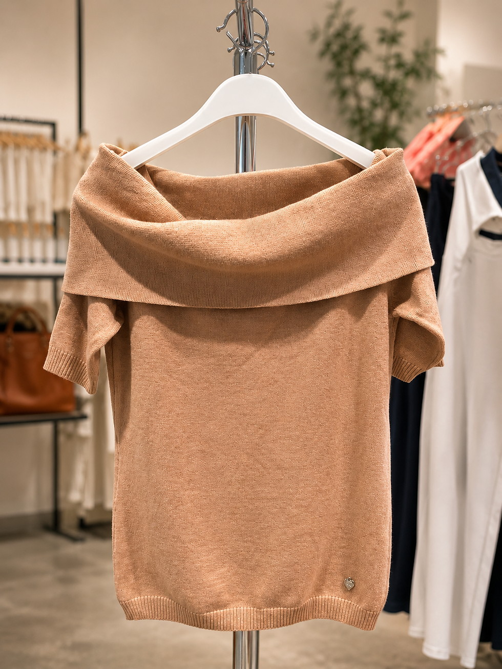 soft off-shoulder neckline and comfortable stretch fit