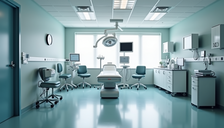 Eye-level view of a modern oncology treatment room with advanced medical equipment