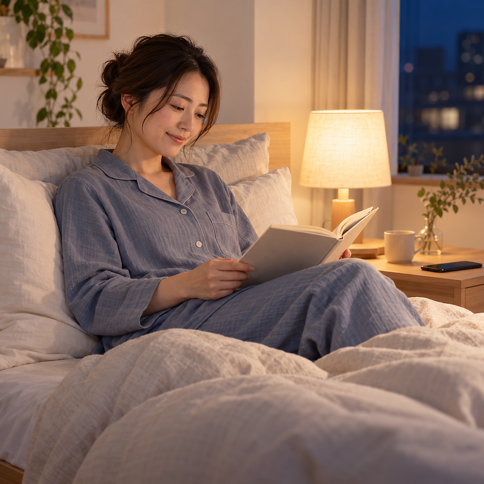 就寝前にスマートフォンを置き、寝室で読書をして静かに過ごす女性のイメージ