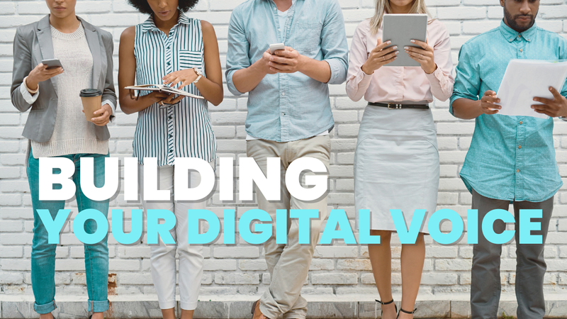 a group of people standing in front of a brick wall with the words building your digital voice