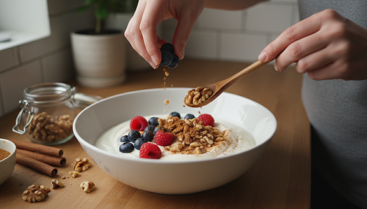 Close-up of hands preparing a bowl of berries nuts and plain yogurt