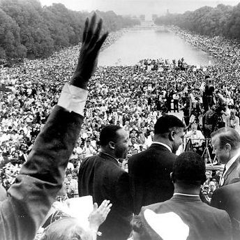 black and white image from march on washington overlooking crowded national mall