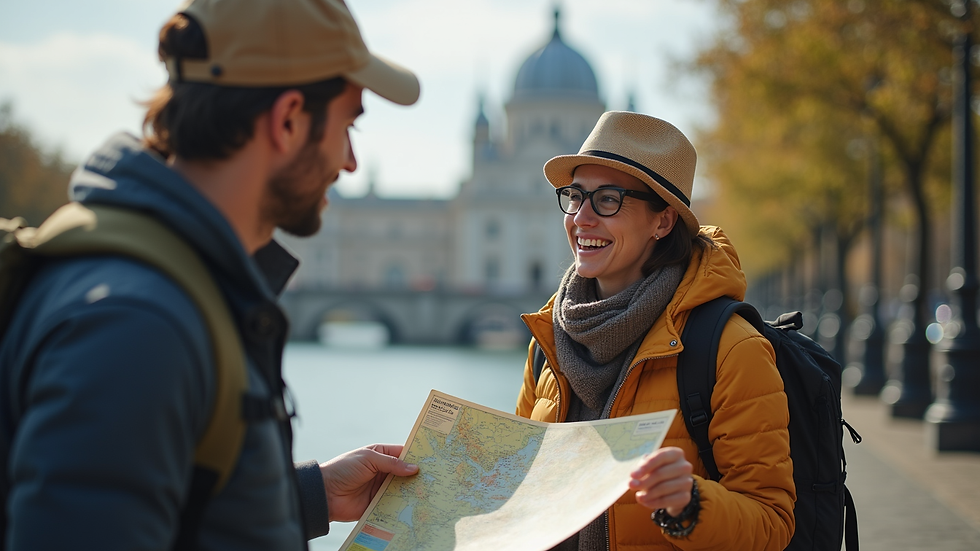 Eye-level view of a tour guide showing a map to a traveller