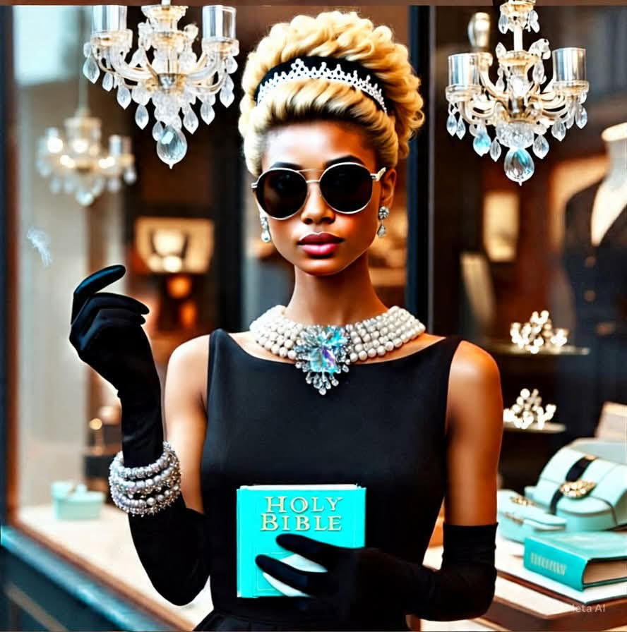 Brown skin Blonde Natural Hair Holly Golightly holding Holy Bible outside Tiffany window T