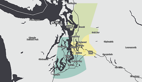 Map of the Puget Sound area showing the three Earthworks branch locations and service areas.