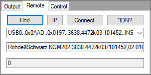 圖 2：遠端配置標籤頁，顯示已連接的 R&S NGM202 儀器資訊與資源字串