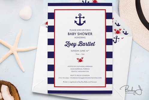 Baby Shower Invitations Nautical Stripes Crab And Anchor Art Baby Shower Invitations Nautical Stripes Crab And Anchor Art