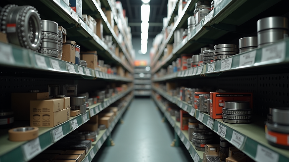 Eye-level view of bearing shop interior with organized shelves