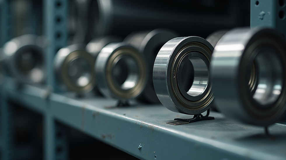Close-up view of industrial bearings arranged on a metal shelf