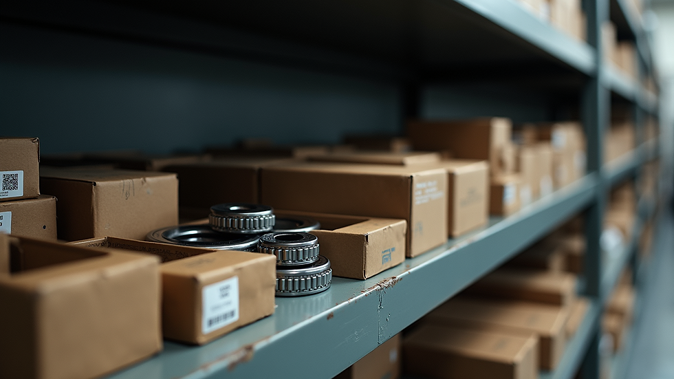 Eye-level view of different types of sealed bearings arranged on a shelf